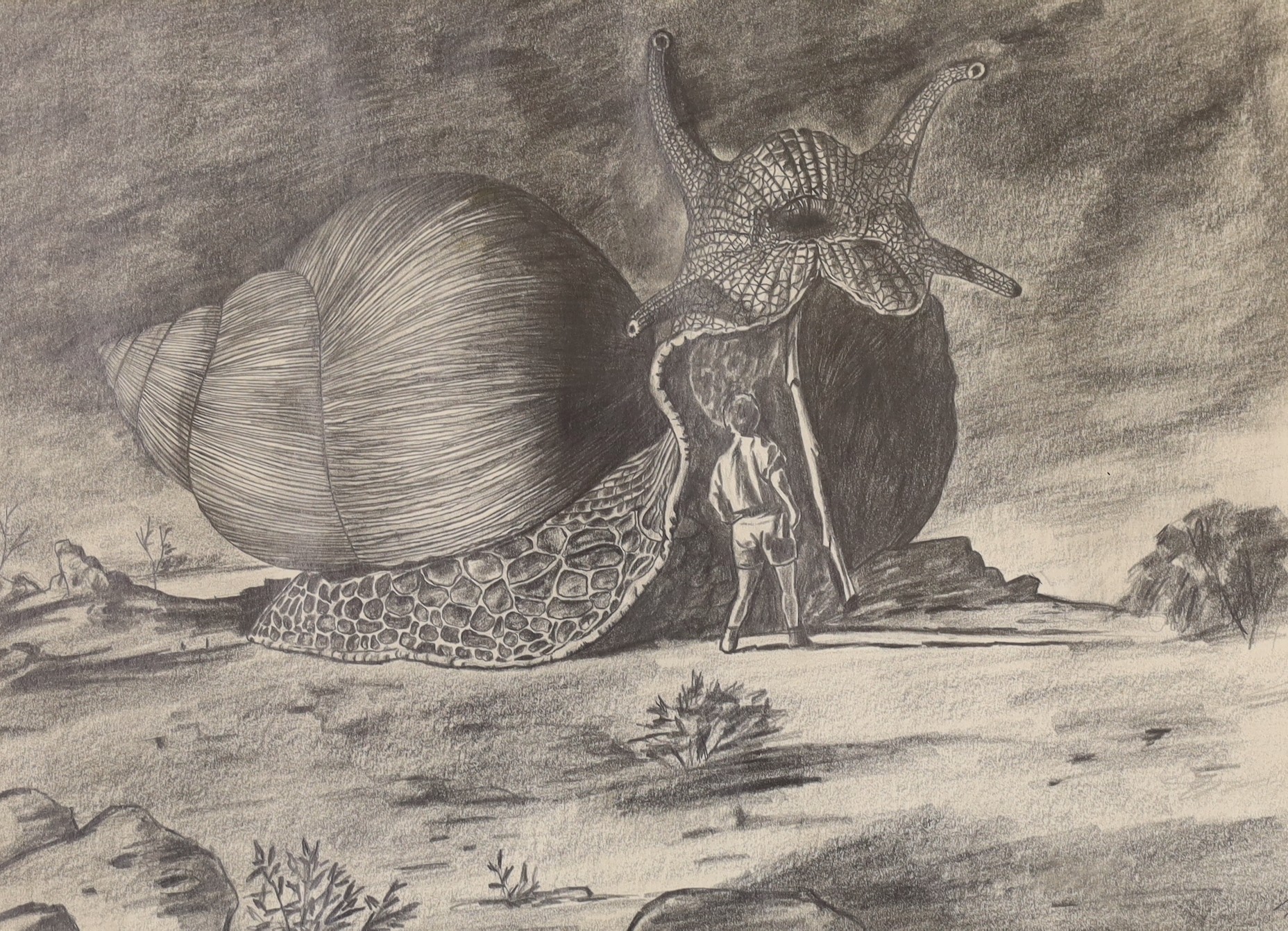 English School, pencil drawing, Science fiction scene; man and giant snail, monogrammed FR, 21 x 29cm